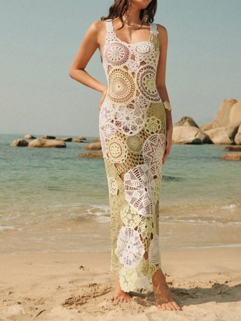 Cream & Green Crochet Maxi Cover-Up Dress